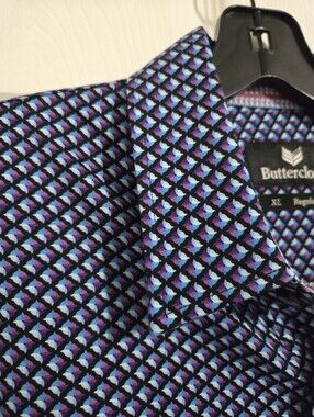 Buttercloth Men's XL Regular Fit Button-Up Shirt Blue Purple Geometric Print